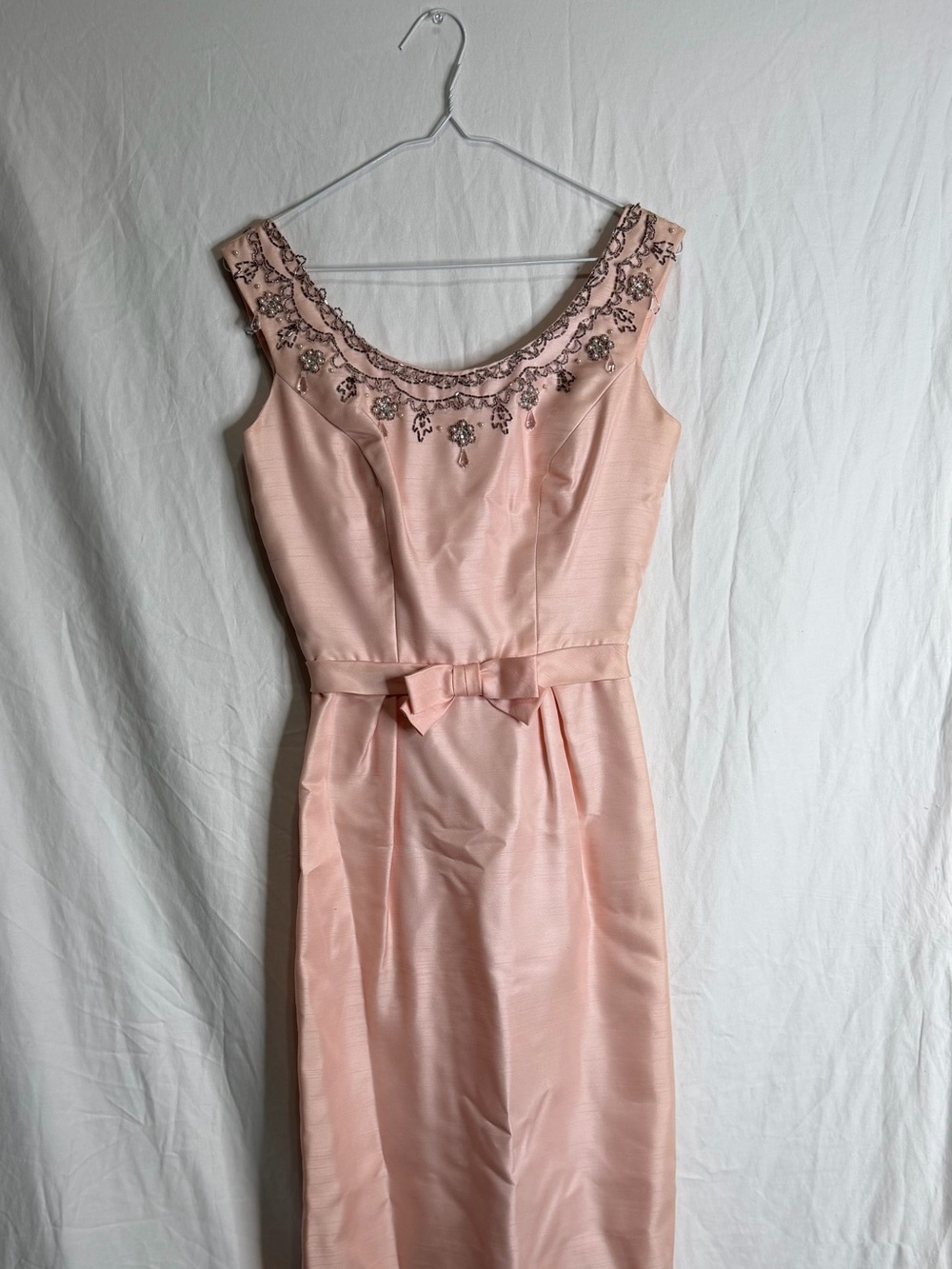 Vintage 1960 Pink Satin Prom Dress Beaded Sequin Mid Century Evening Formal Gown